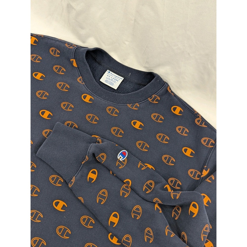 CHAMPION Navy All Over Print Reverse Weave‎ Pullover Crew Neck Sweater XXL 2XL